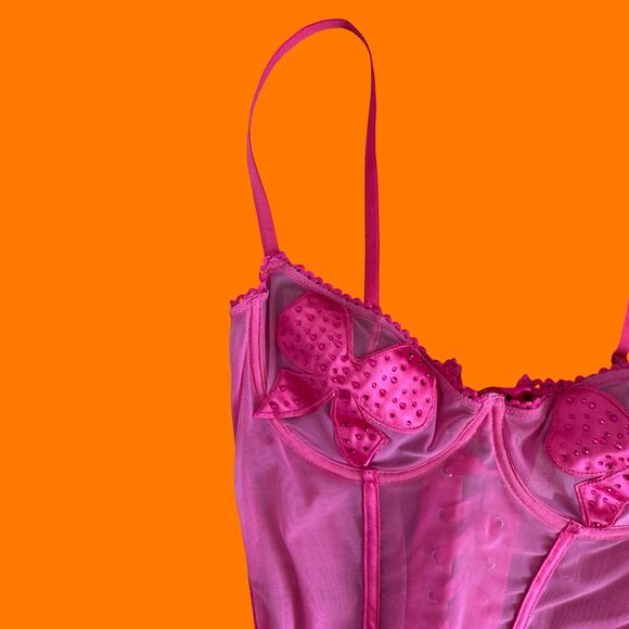 90's 00's vintage hot pink mesh mcbling corset babydoll y2k lingerie bustier L - Picture 3 of 9